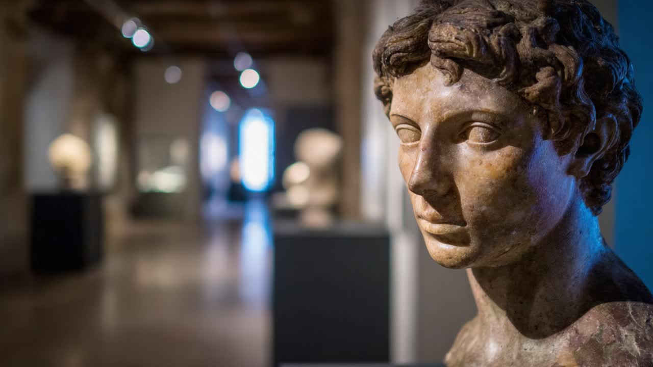 Una scultura antica realizzata meticolosamente che mette in mostra i dettagliati tratti somatici ed espressioni di una figura maschile, catturando l'essenza dell'arte classica in un ambiente espositivo.