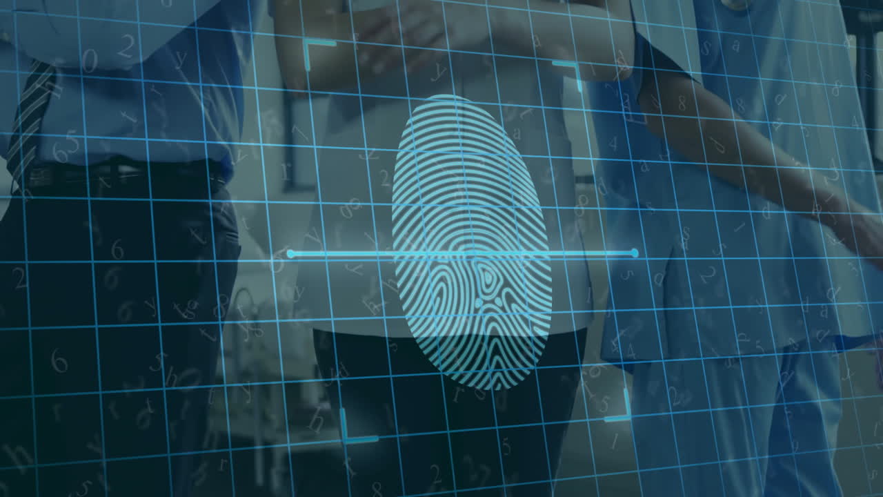 Fingerprint scanning animation over business people in office