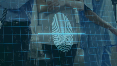 Fingerprint-scanning-animation-over-business-people-in-office