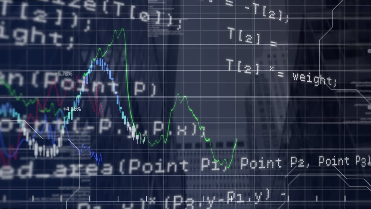 Financial data processing over grid network against tall buildings in background