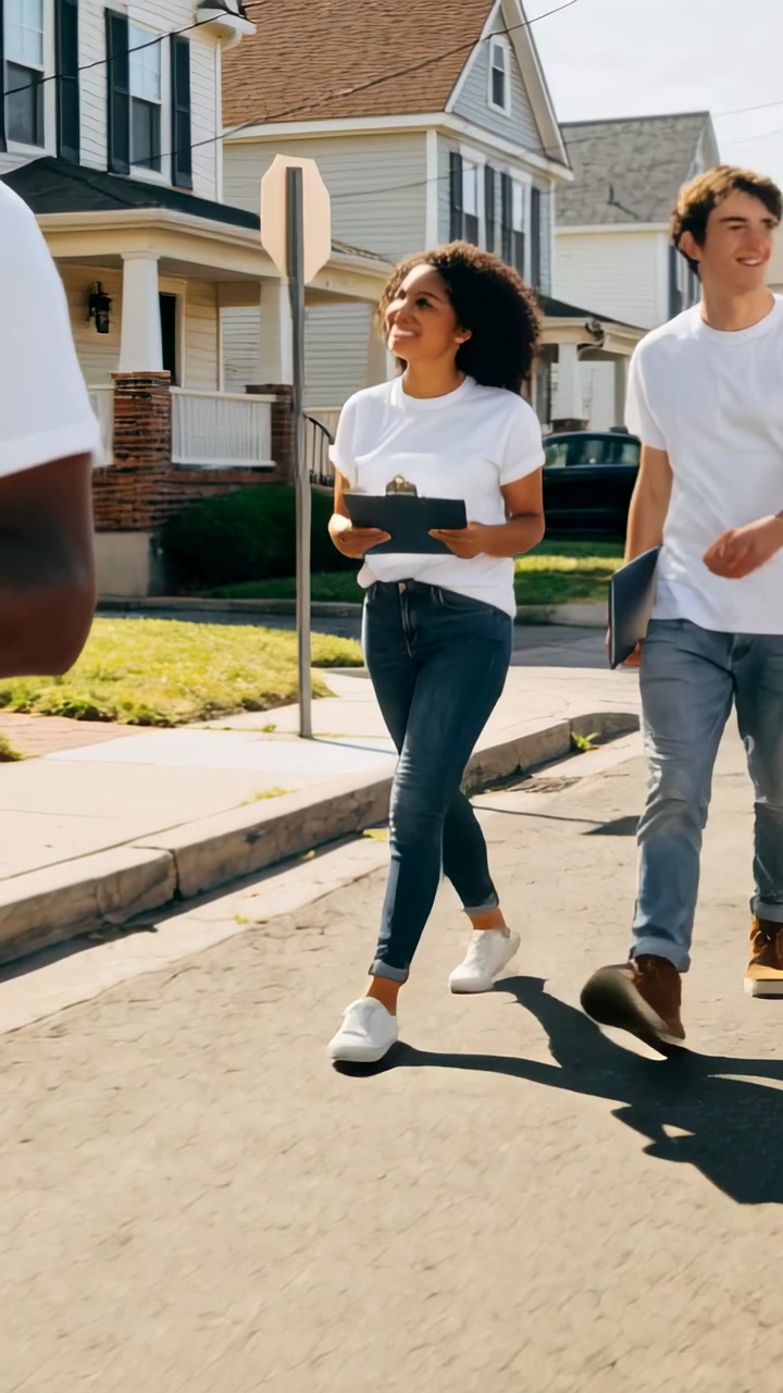 Vertical video: Camera rolling center woman walking canvassing on street with clipboard, white tees