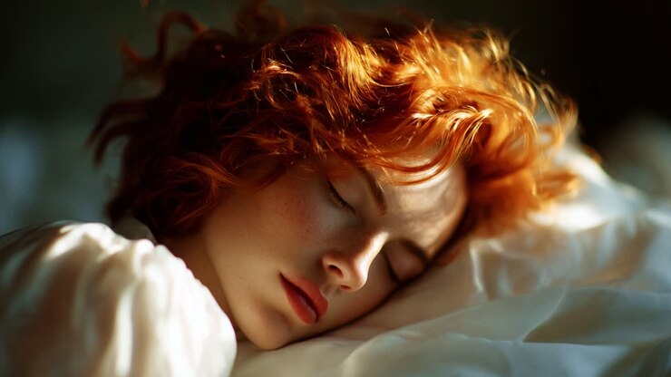 Ein ruhiges Porträt einer träumenden Person mit feuerroten Locken, die friedlich auf weicher, weißer Bettwäsche im sanften Morgenlicht ruht und Ruhe und Gelassenheit ausstrahlt.