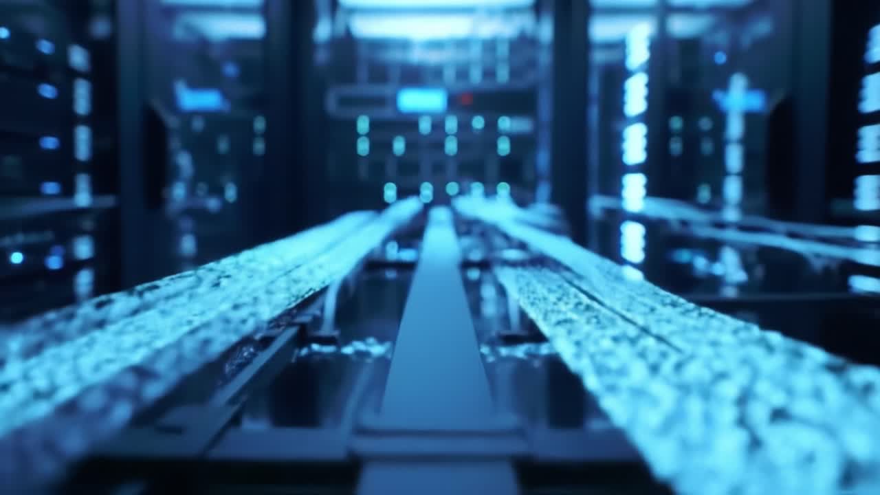 A tour of a high-tech data center reveals the complex network connections that support modern communication. Bright blue lights illuminate sleek, organized pathways and equipment.