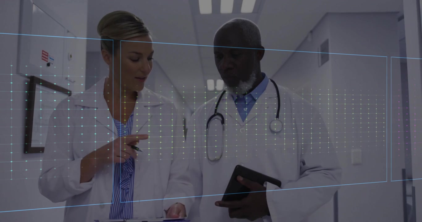 Two doctors walking swiping tablet reviewing heart data with ECG waveform shifting blue green pink