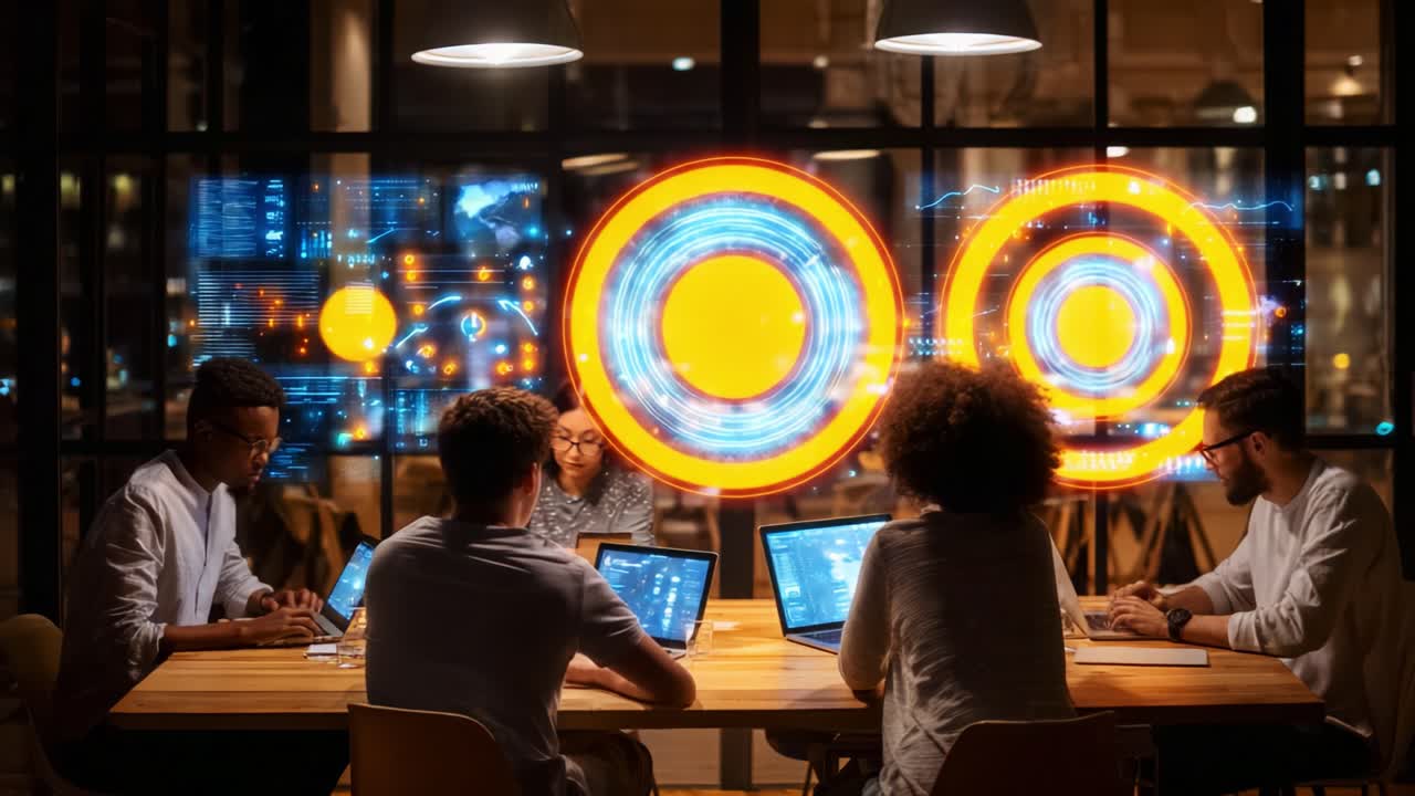 A Dynamic Team Collaborating in a Modern Workspace, Engaged with Futuristic Digital Displays and Data Visualization Techniques for Innovative Problem Solving