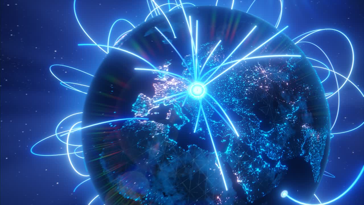 la globalización tecnológica de la tierra en animación 3d. puntos de negocios globales en un planeta giratorio.