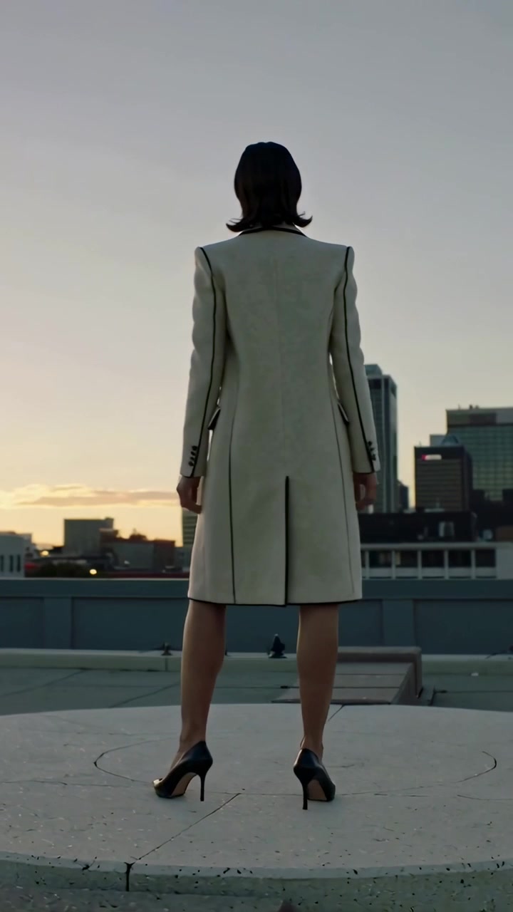 Video verticale: Una donna in cappotto e tacchi cammina attraversando una piattaforma sul tetto al tramonto, si ferma e si guarda indietro.