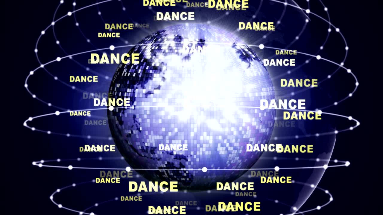 Jord-discokugle og dansetekstanimation, loop