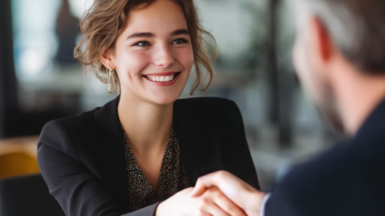 A Joyful Interaction: A Young Woman with a Warm Smile Engaging with a Colleague in a Professional Setting, Emphasizing Connection and Collaboration