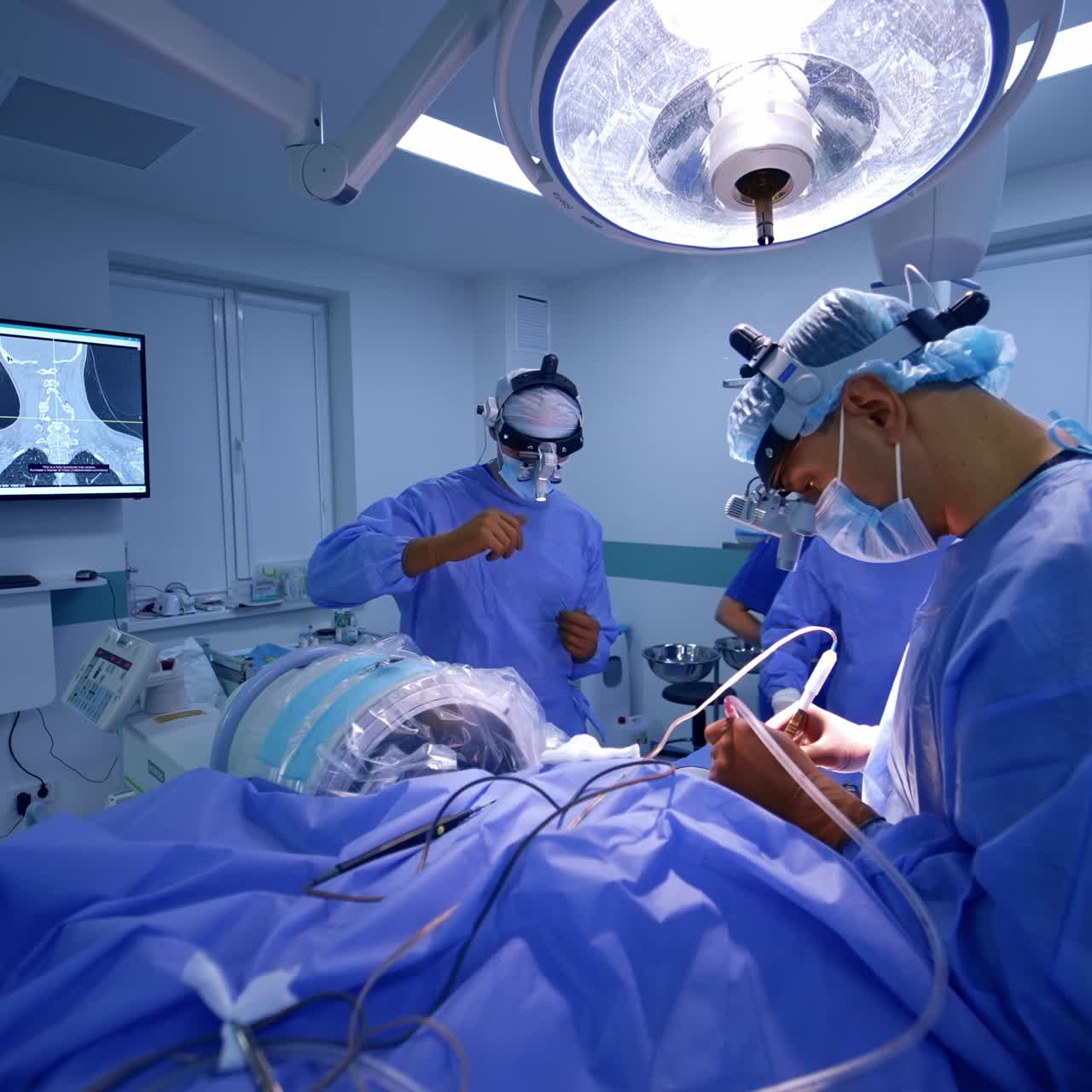 Experienced neurosurgeon uses electric tool holding them in both hands. Assisting surgeon comes up to help