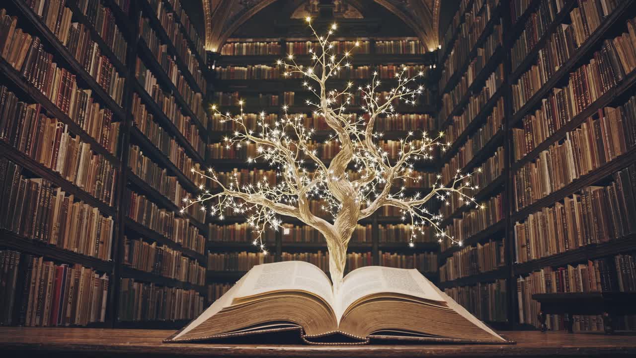 A magical open book in a grand library with glowing pages