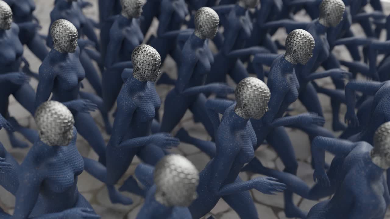 추상적인 여성 사이버네틱 클론 그룹이 함께 달리고 있습니다.