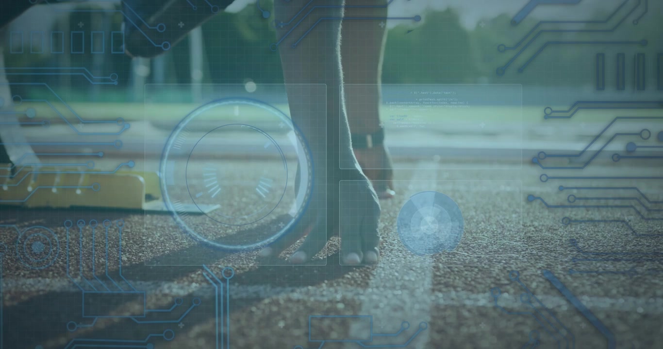 Animation of data processing over disabled african american male runner