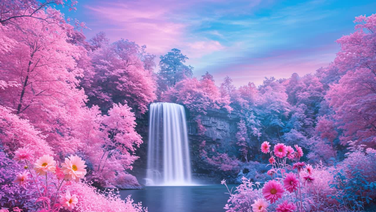 A stunning waterfall cascades down rocky cliffs, creating a serene atmosphere in a landscape filled with vibrant pink foliage. Colorful wildflowers bloom in the foreground, adding to the enchanting scenery. The soft light of sunset bathes the entire area in warm hues, enhancing the natural beauty. T