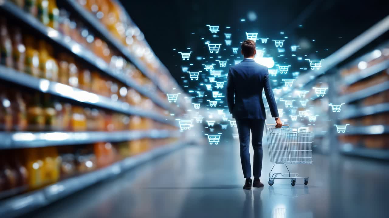 Exploring the Future of Shopping: A Businessman Navigating a Modern Supermarket Aisle with Digital Shopping Carts and Virtual Baskets Creating a Futuristic Retail Experience