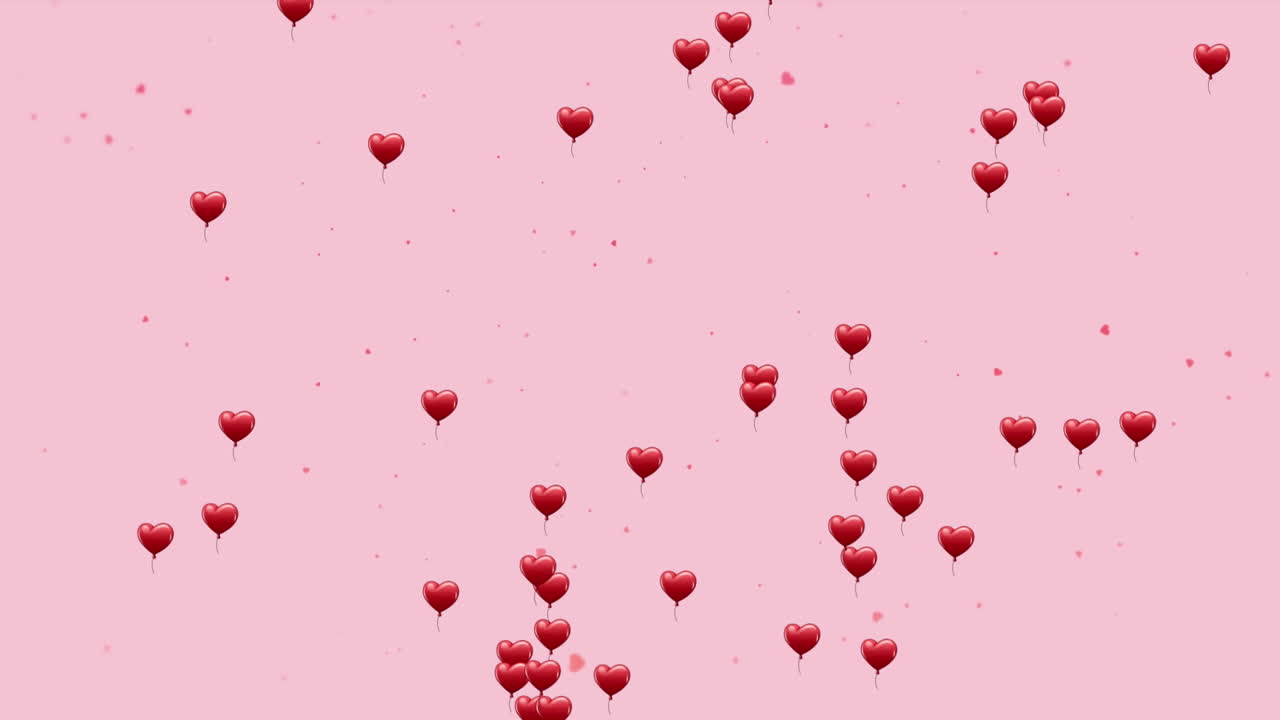 분홍색 배경에 떠다니는  ⁇ 은 심장 아이콘의 애니메이션