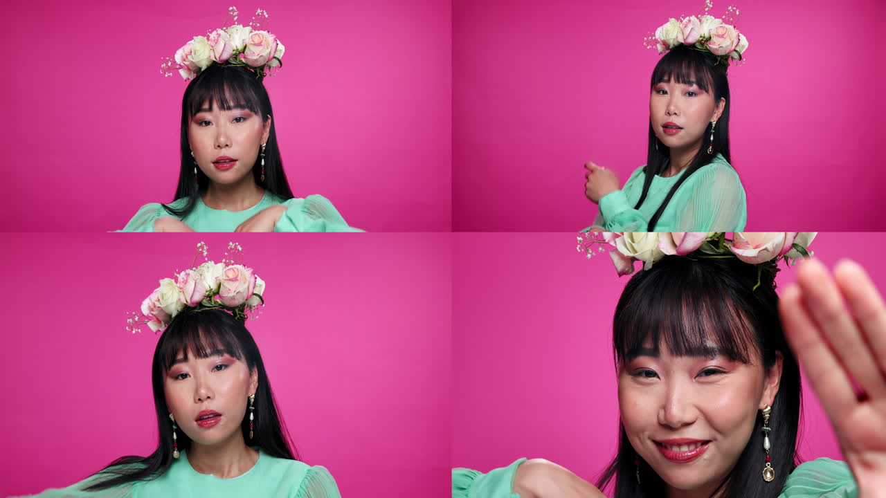 꽃 왕관 과 푸른색 드레스 를 입은 여자