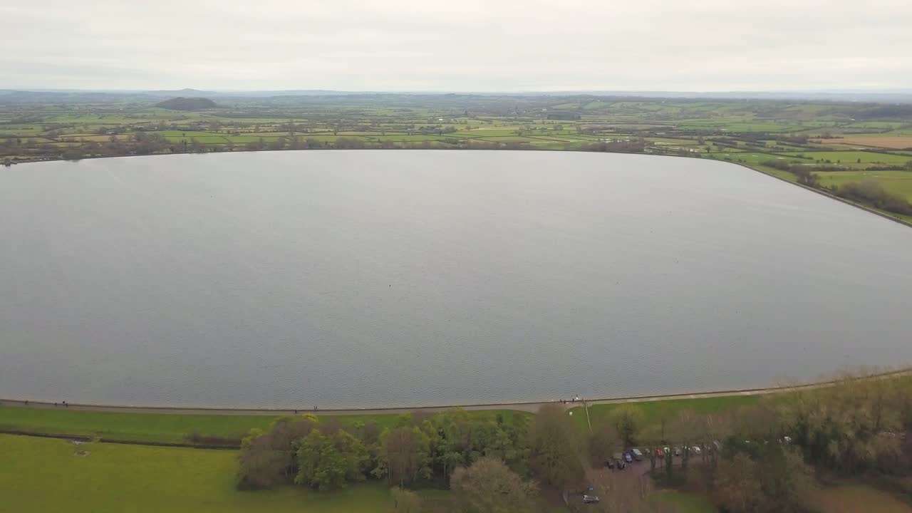 CHEDDAR, SOMERSET, ENGLAND, December 28, 2019: Aerial view of cheddar reservoir. This is an artificial reservoir in Somerset, England, operated by Bristol Water.
