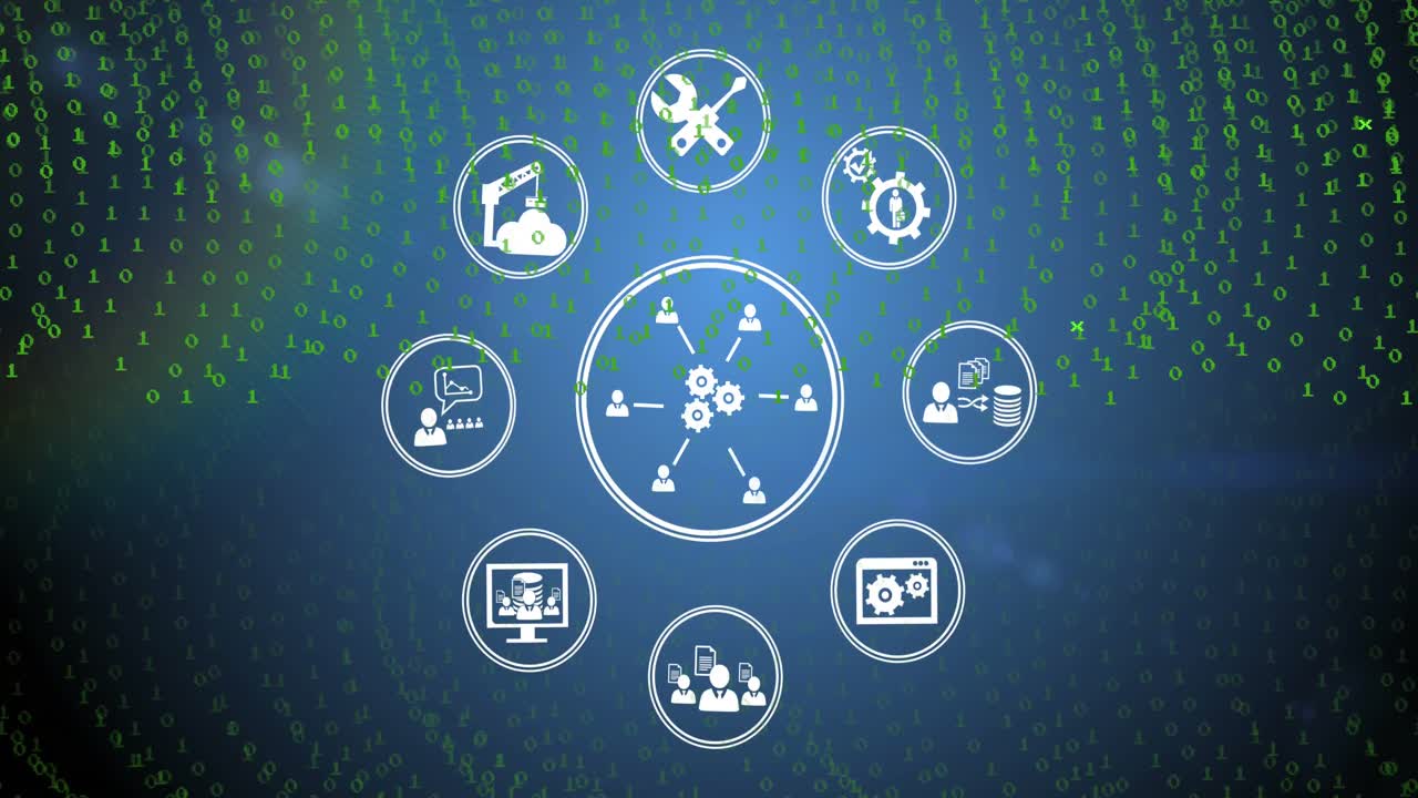 animación de iconos sobre fondo marino con letras verdes