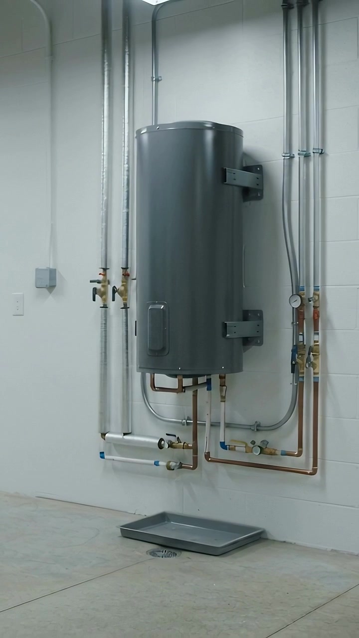 Vertical video: Tilting camera showing hot water tank and copper pipes in utility room for service