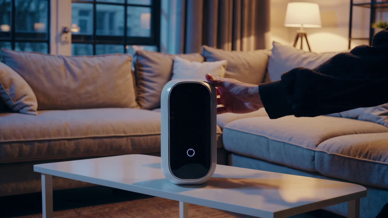 Person interacting with a smart speaker in a living room at night