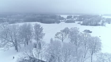 drohnenaufnahme zeigt langsam privathäuser und landschaften, die mit frischem winterschnee bedeckt sind