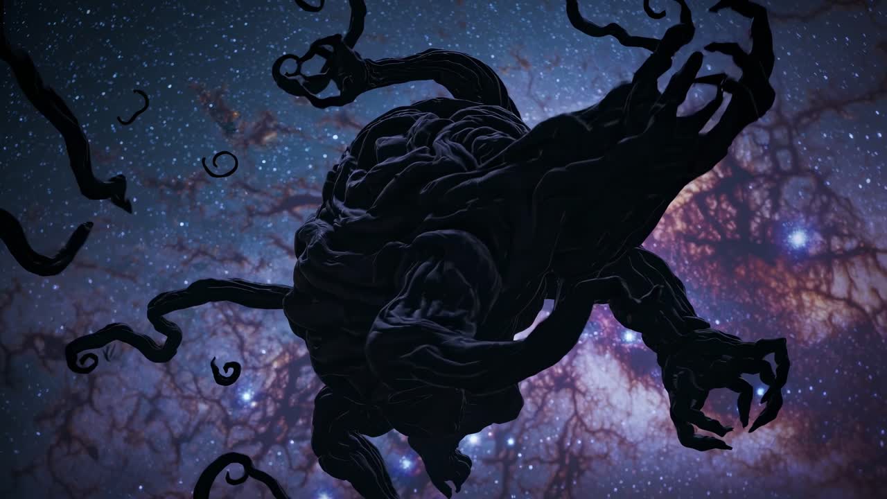 Dark cosmic entity drifting menacingly, tentacled shadowy silhouette undulating amid starry celestial backdrop, evoking primordial extraterrestrial dread