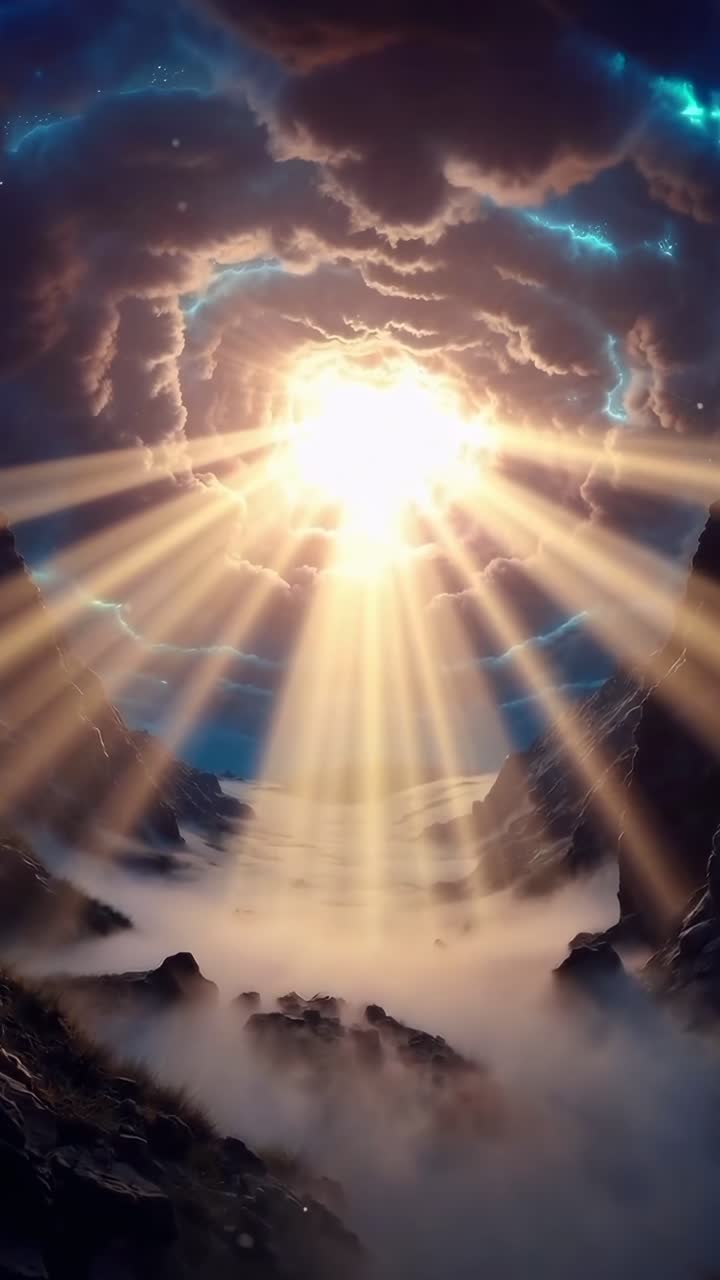 Scena video mozzafiato di luce solare che filtra tra le nuvole, ripresa dal basso