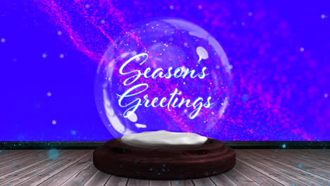 animation of christmas greetings in snow globe with shooting star and snow falling