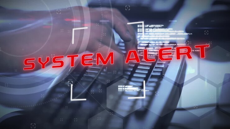 Animation von Systemwarntext über einer Frau, die im Büro arbeitet