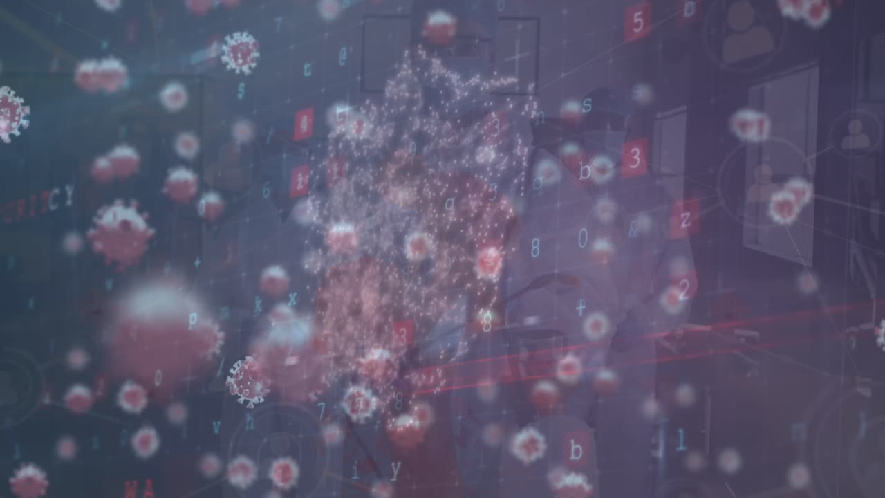 animación de coronavirus con seguridad, icono de bloqueo contra médicos caucásicos en ropa de trabajo protectora