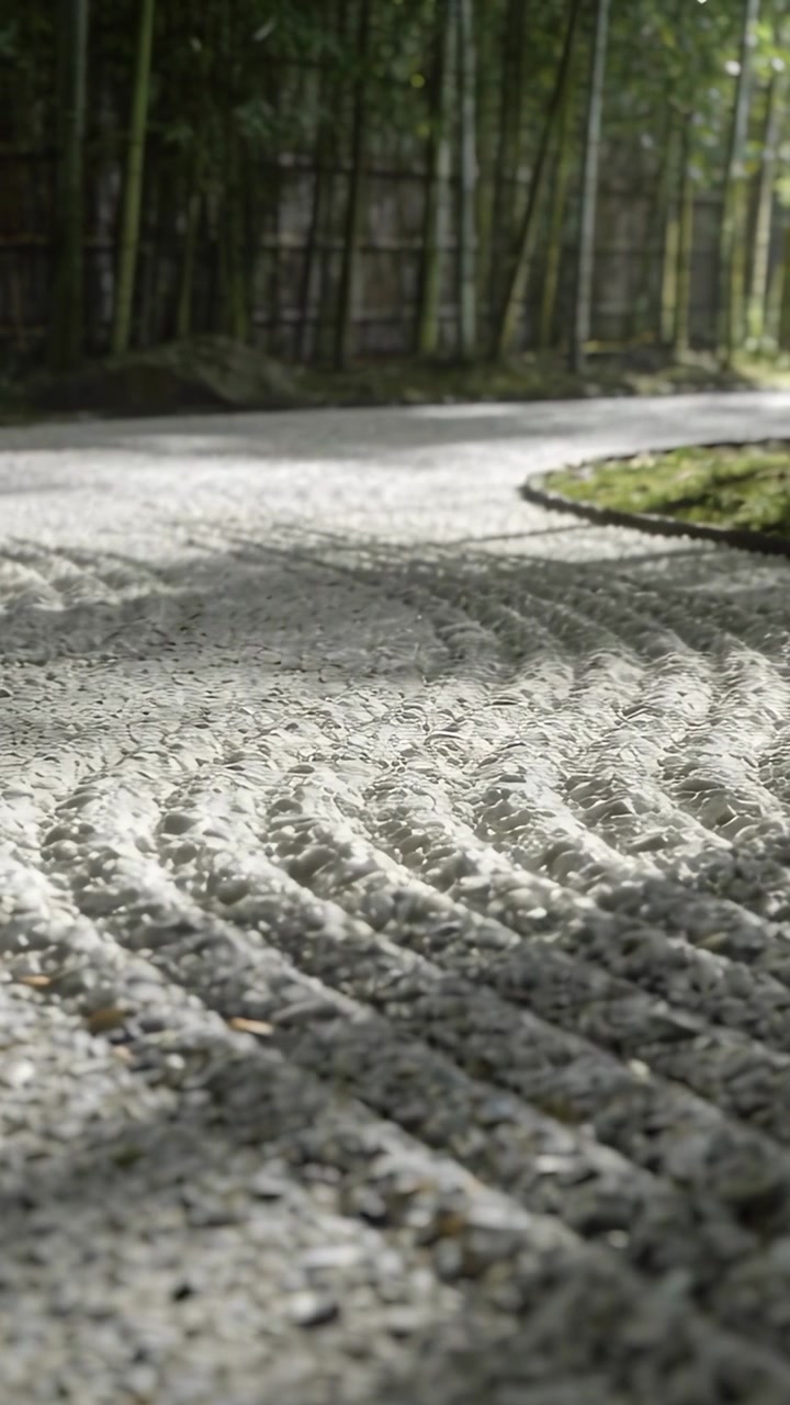Video vertical: La cámara se aleja mostrando anillos de grava rastrillada en un jardín japonés con musgo y bambú