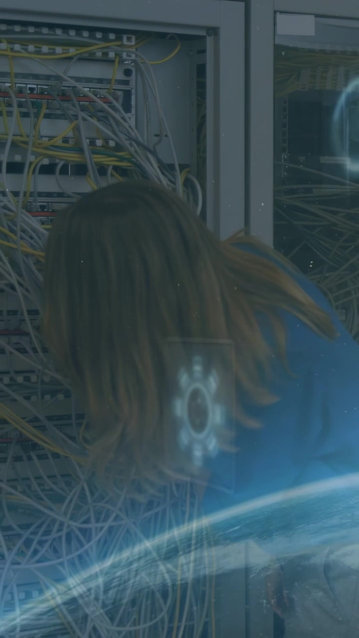 Vertical video: Woman tech reaching patch panel in rack sorting wires for IT uptime with blue UI