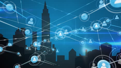 animation of network of connections over cityscape