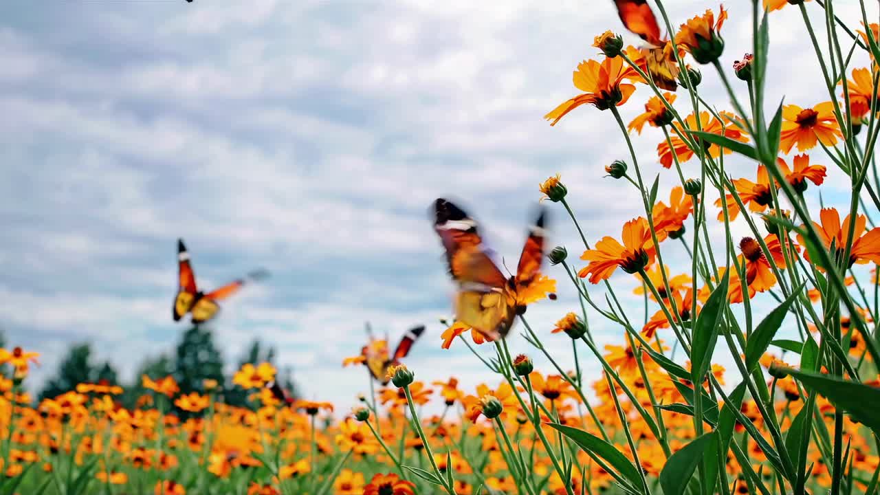 Low-angle video captures vibrant butterflies fluttering over a field of orange flowers