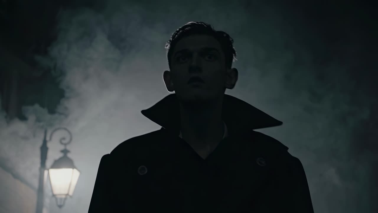 Stemningsfull videoscene av en silhuettert mann i profil, med dramatisk bakgrunnsbelysning og tåke