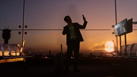 cuerpo lleno de hombre de negocios asiático con maleta rodante en la sala de embarque en el aeropuerto, haciendo pulgar hacia arriba hacer selfie por teléfono inteligente, esperando el vuelo, el avión despega fuera de la ventana al atardecer