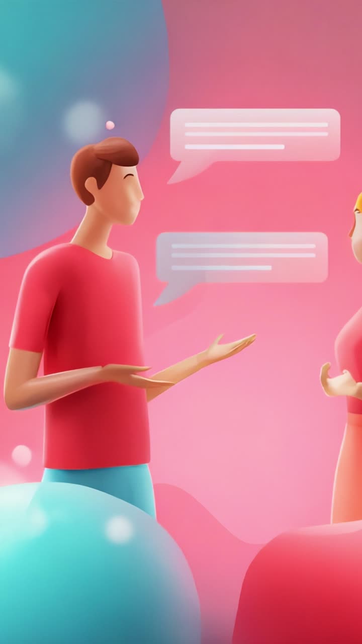 Two animated characters engaged in a lively conversation, surrounded by colorful speech bubbles, illustrating communication and interaction in a vibrant environment