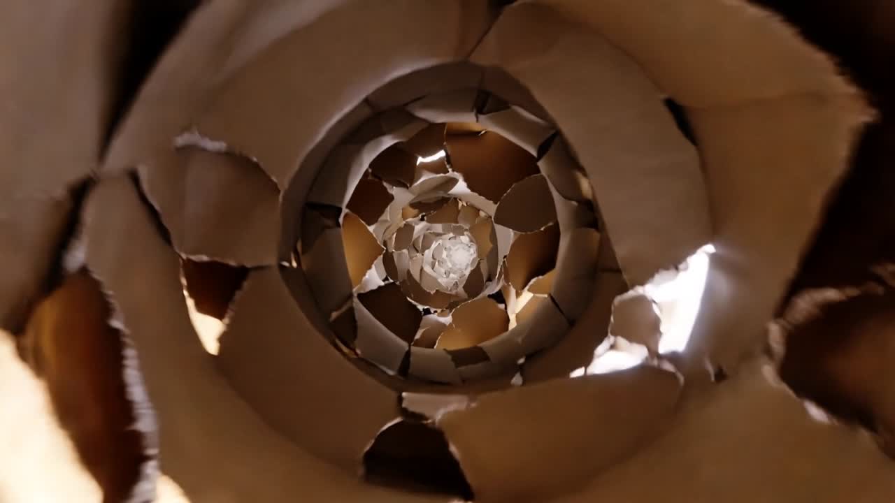 Inicio de avance de cámara viajando a través de un túnel de cartón irregular, espiral y rasgado, revelando un núcleo brillante