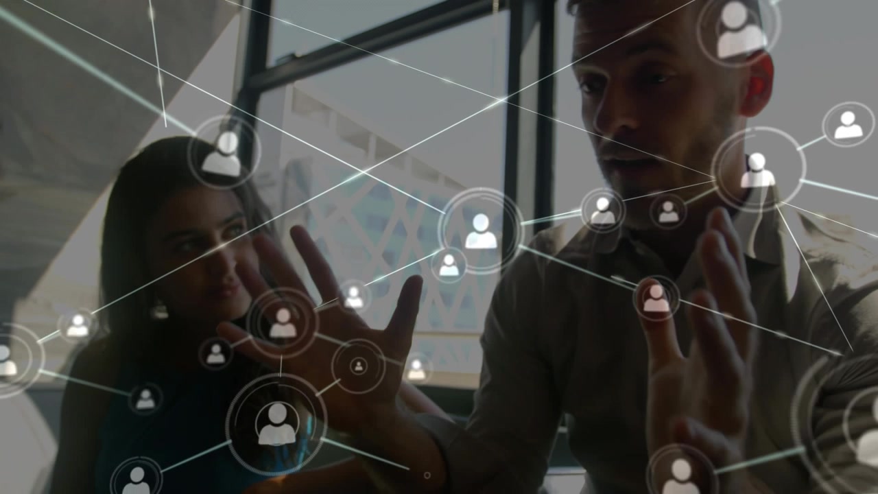 Animation of network of connection with icons over business people wearing phone headsets