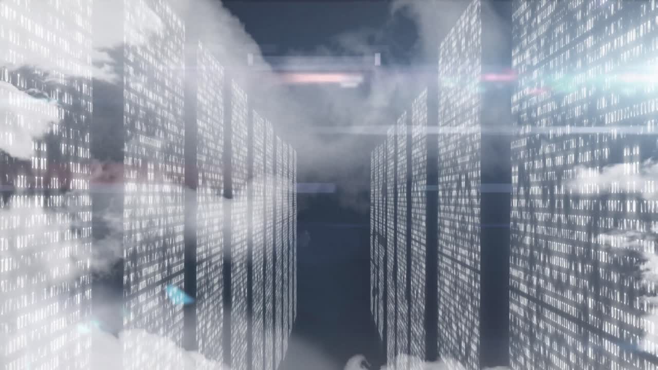 Animation of data processing and clouds on black background