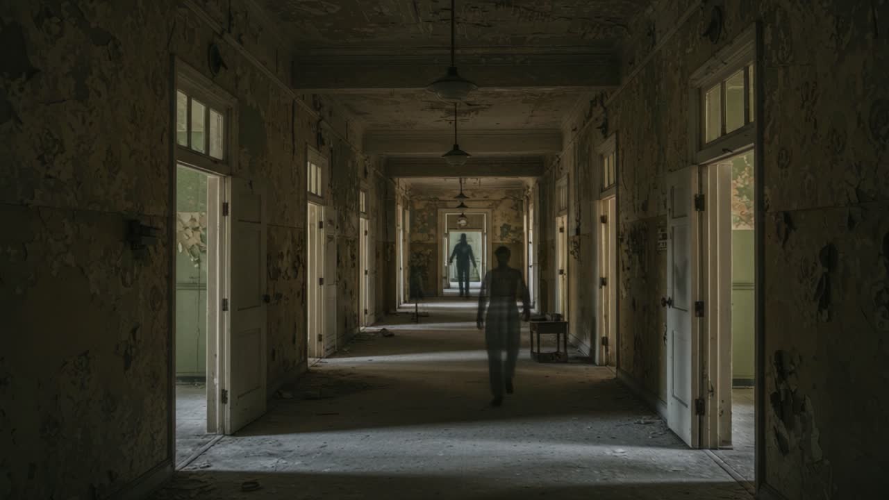 Eerie Encounter in an Abandoned Hallway: Exploring the Haunting Atmosphere of a Forgotten Building with Ghostly Figures Emerging from the Shadows