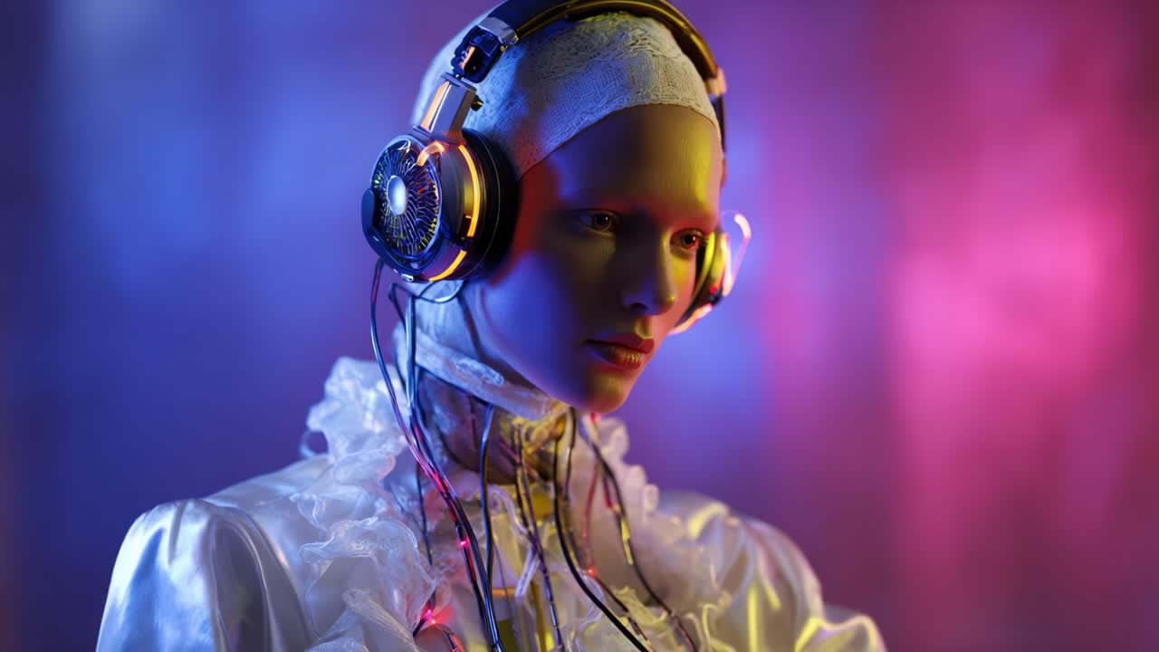 Una figura umanoide futuristica che indossa eleganti cuffie, illuminata da colori vivaci, mostrando una fusione di tecnologia e arte in un'ambientazione drammatica.