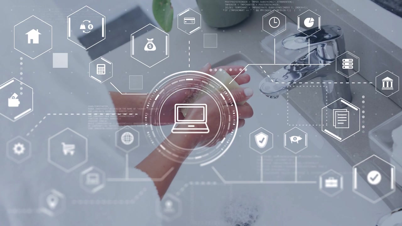 Woman's hands washing and rinsing at faucet, starting HUD overlay laptop and hex icons for health
