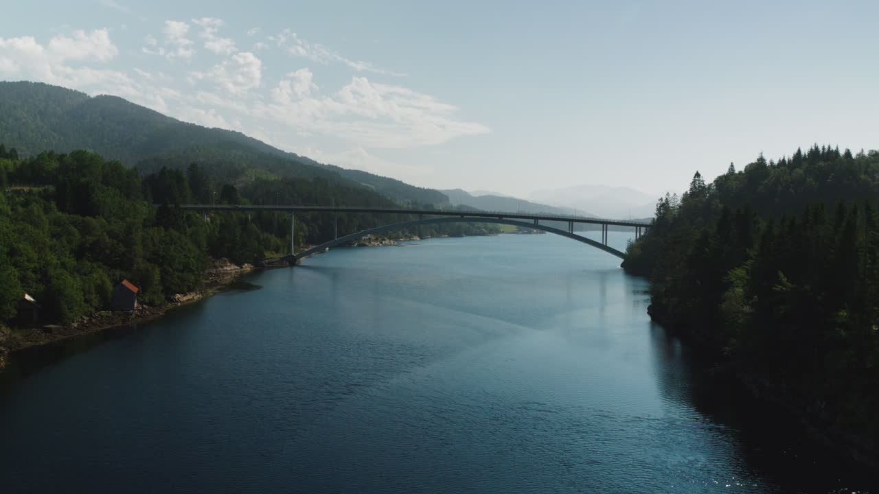 Wide shot of a bridge in Norway surrounded with beautiful scenery and stunning sight