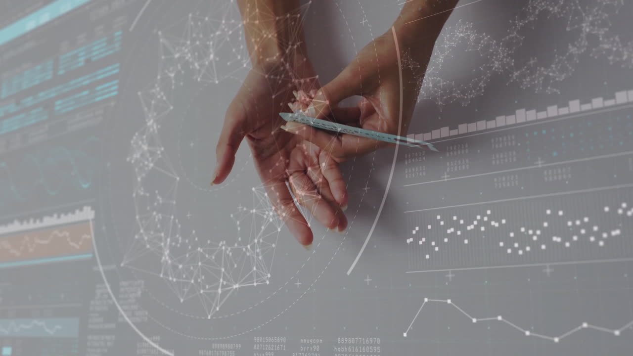 Hands holding pills over digital data and network connections animation