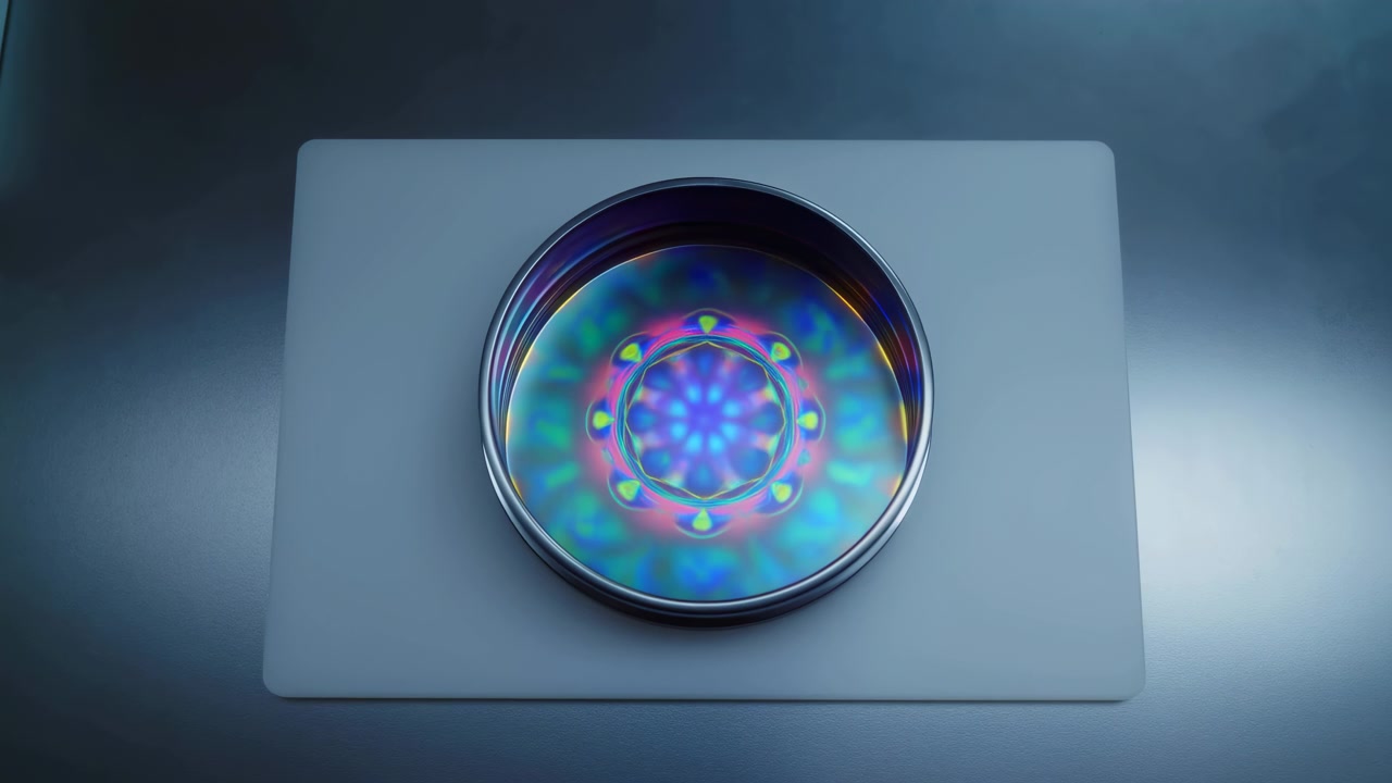 Un design circolare astratto si sposta attraverso vivaci motivi di colore su una superficie lucida mentre le forme concentriche cambiano tra i fotogrammi, con illuminazione uniforme e una vista dall'alto che mostra transizioni fluide