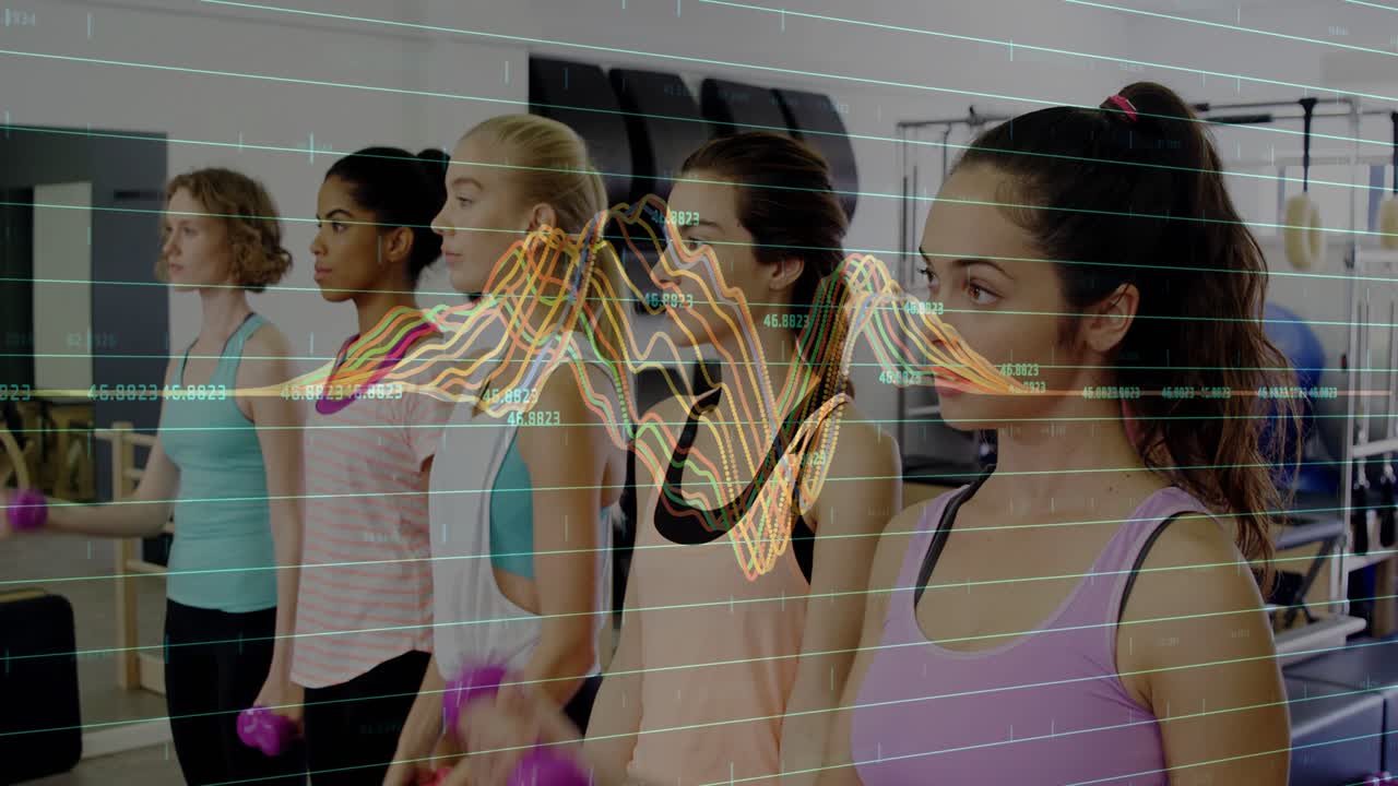 Women following instructor cue performing dumbbell curls in fitness class, waveform tracking lifts