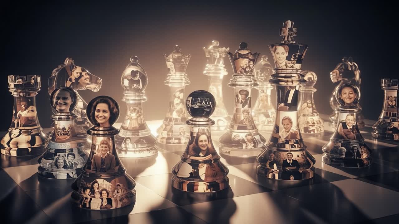 A Unique Reflection on Strategy: A Close-Up View of a Chessboard Where Each Piece Is Adorned with Unforgettable Faces, Blending Art and Strategy in a Compelling Narrative