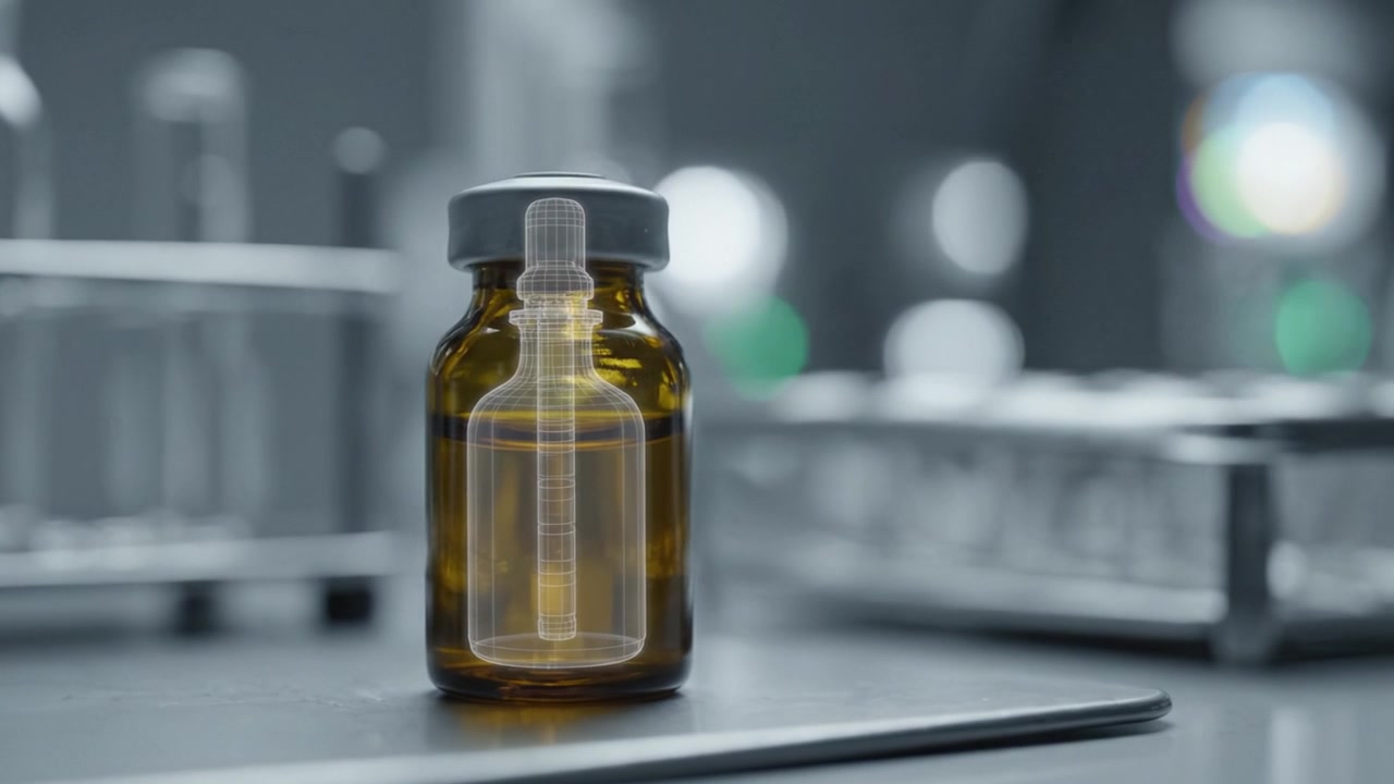 Analyse av en ravfarget glassflaske som inneholder flytende substans i et laboratoriemiljø med vitenskapelig utstyr og utstyr som er uskarpt i bakgrunnen